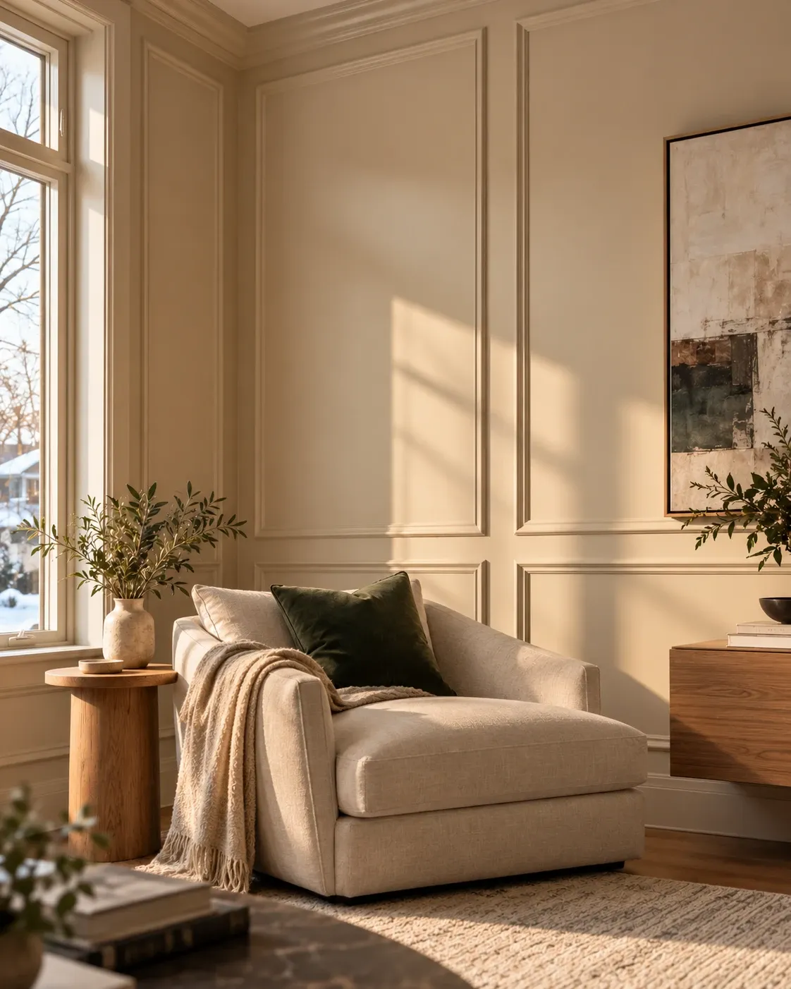 Reading chair against a warm sand painted wall with tone-on-tone moulding