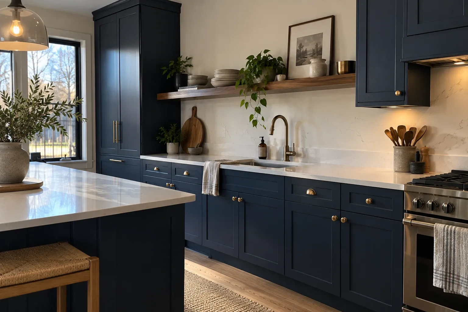 Kitchen with shaker cabinets painted deep green and antique bronze pulls